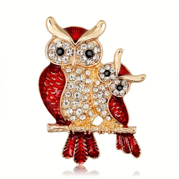 Jewelry - Owl Brooch Red and Gold NIP